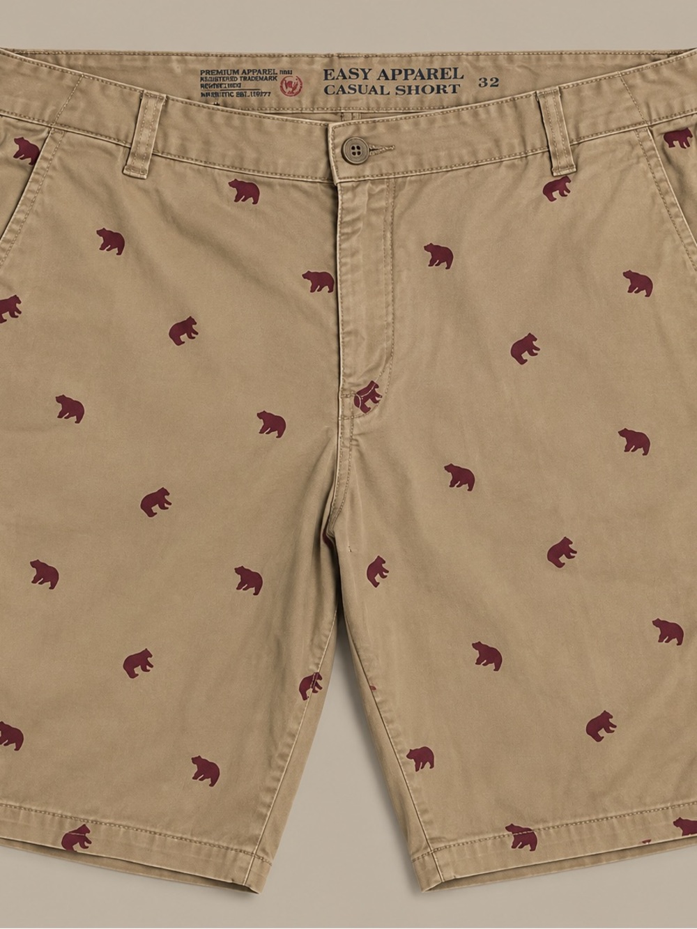 Men’s Khaki Bear Print Casual Shorts